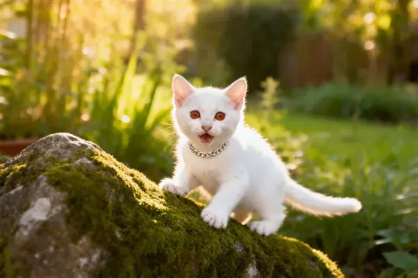 短毛白家猫在苔藓岩石上的探索姿态