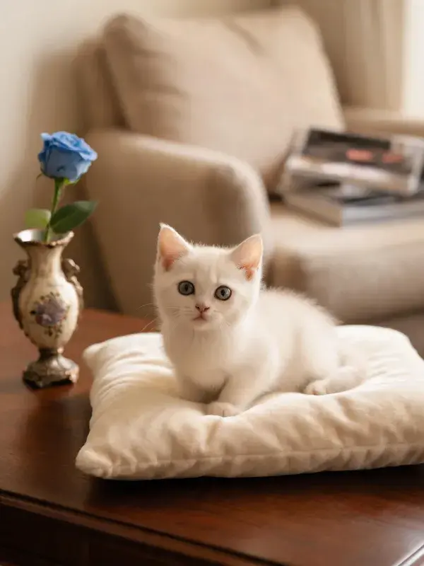 阳光明亮的客厅里白色短毛猫图景