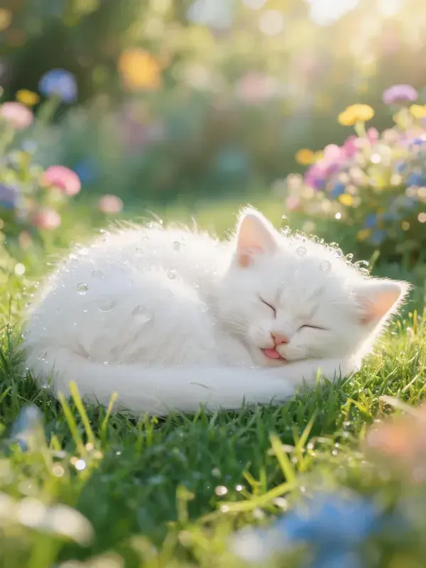 白色短毛家猫在草地上的休憩