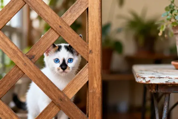 玳瑁色短毛家猫透过木格窥探