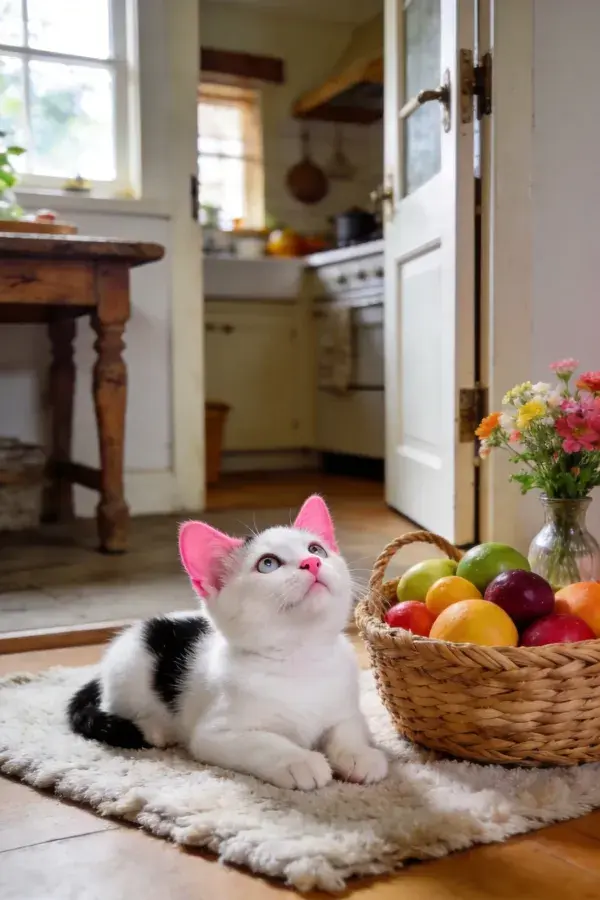 黑白短毛家猫与水果篮的室内特写