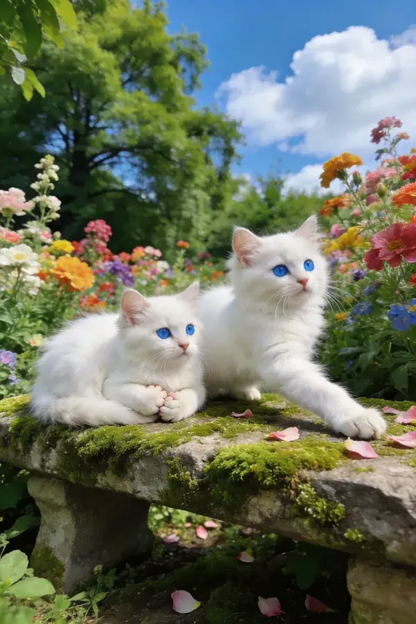 蓝眼睛白长毛猫停靠花园青苔石凳