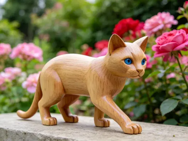 花园石台上木质橘猫雕塑