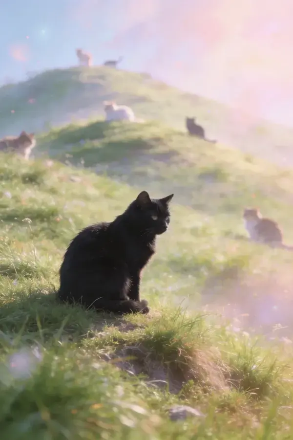 黑色短毛家猫与同伴有情调的山坡休憩场景