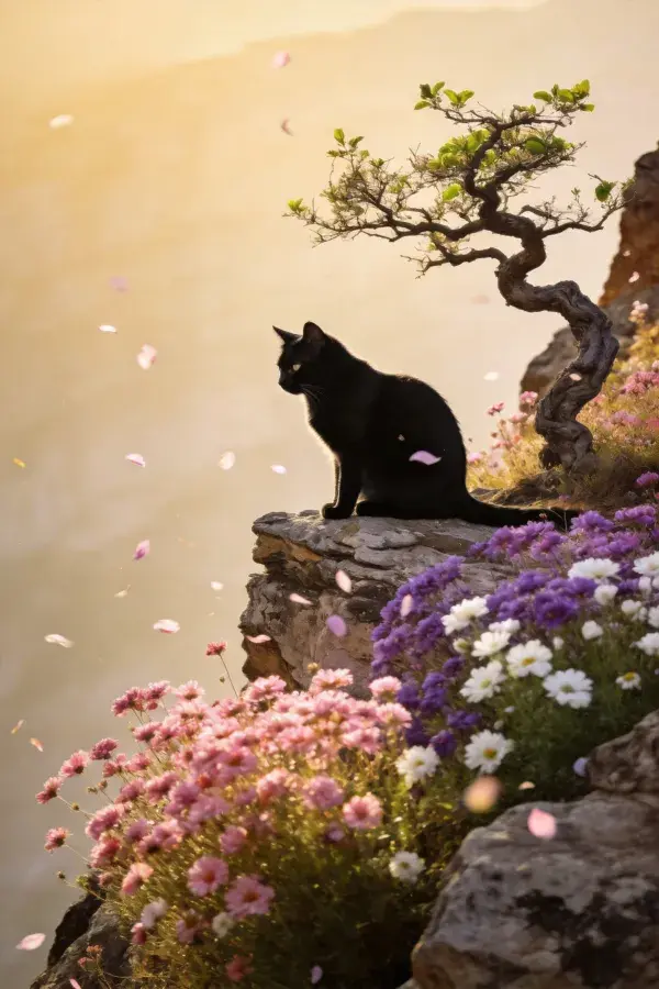 悬崖边短毛家猫与花草景观