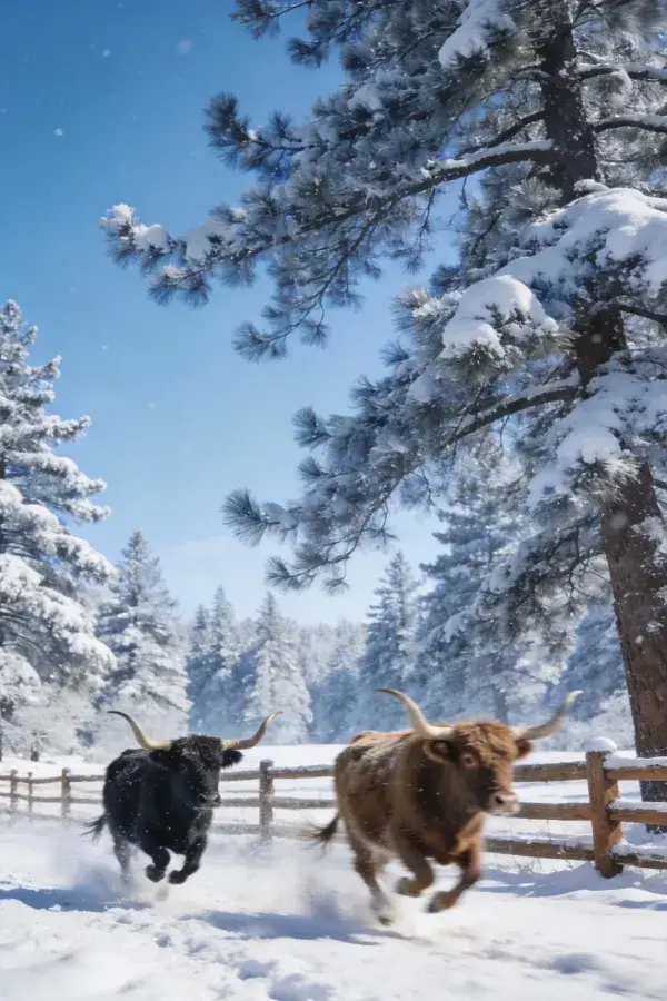 雪地树林间高地牛奔跑景象