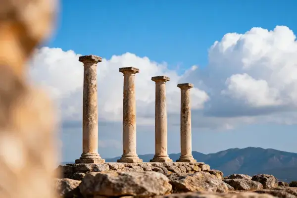 古代石柱遗迹与远山晴空场景