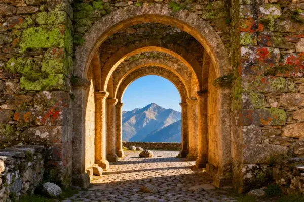 古代石拱门遗迹的山景通道场景