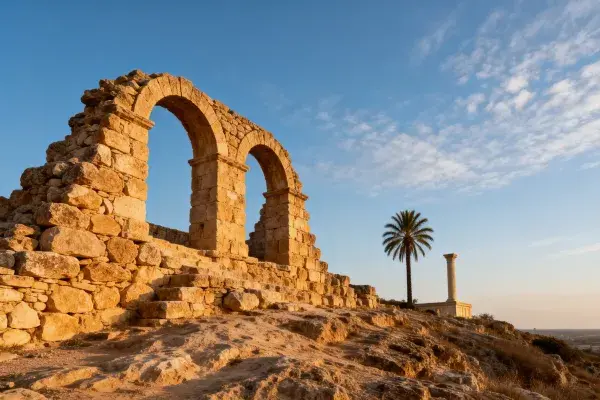 阳光下的古代石拱门遗址场景
