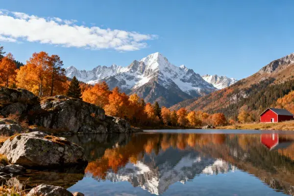 高山秋景与湖面倒影场景