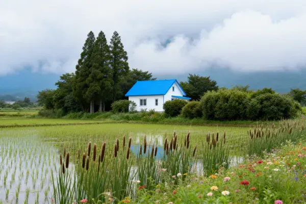青屋顶乡村房屋场景展现