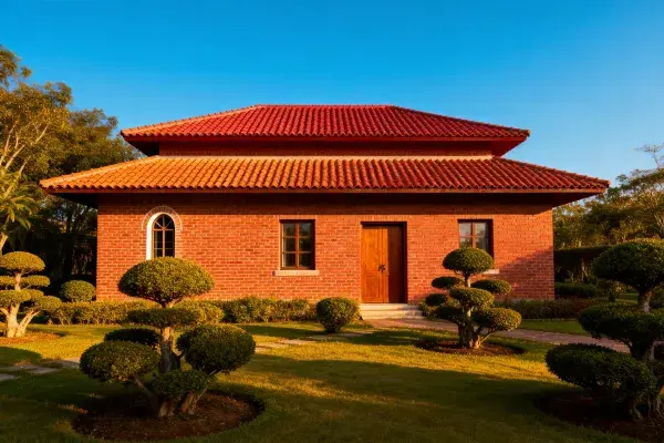 红砖中式合院住宅及周边园林场景