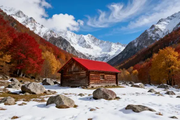 山谷中红顶木屋雪景场景捕捉