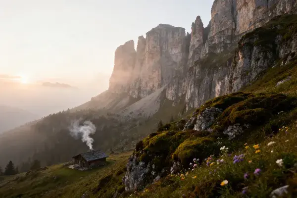 山地木屋与峡谷风光场景