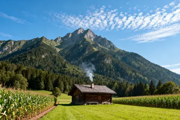 阿尔卑斯山区木屋田园风光场景