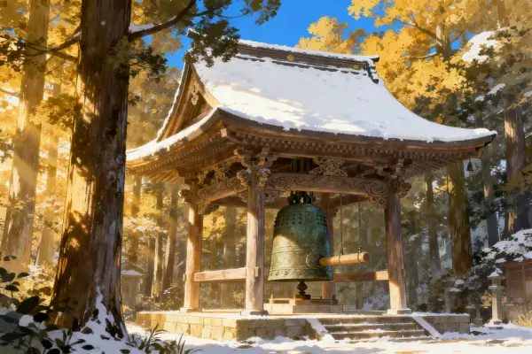 冬日森林里的日式木构钟亭场景