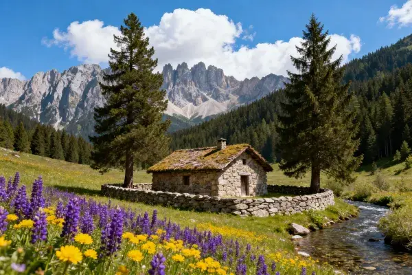 石砌屋顶与石墙的石屋场景