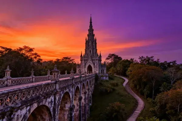 夕阳下哥特式教堂与石桥景观