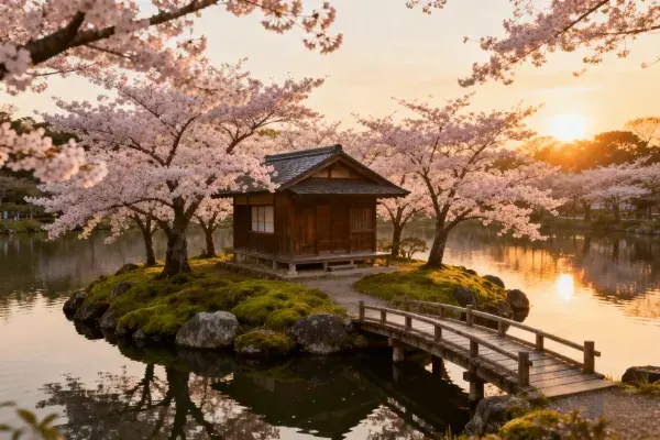 春樱环绕的传统日式木屋水景