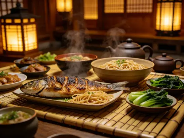 餐厅内的中式烤鱼面食套餐
