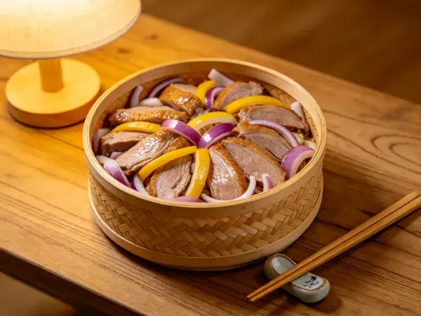 暖光木桌上的竹制容器内鸭肉拼配料理