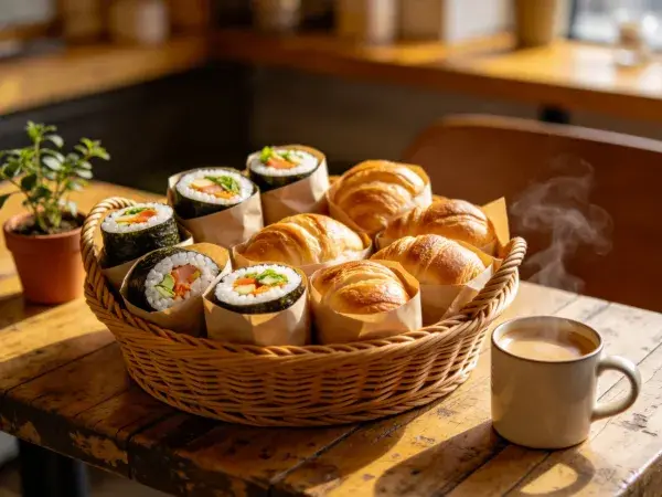 竹篮里日式海苔饭卷与烘焙食品的呈现