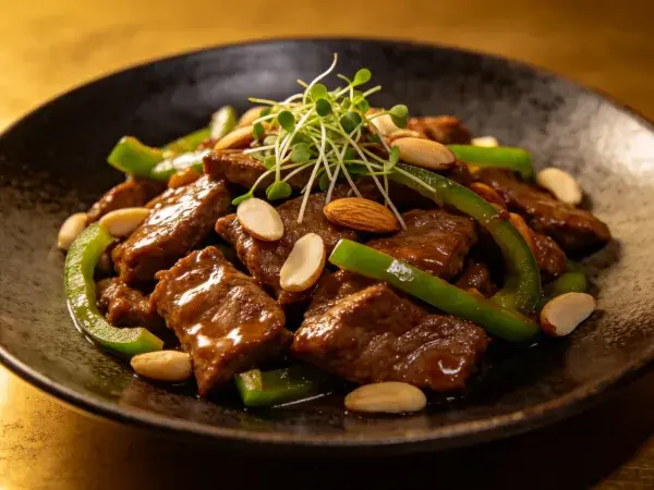 牛肉杏仁菜品摆盘展示