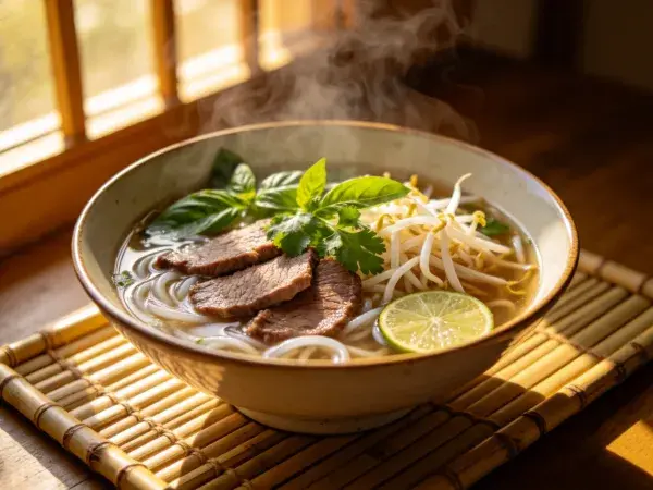 牛肉河粉在木质窗边的呈现