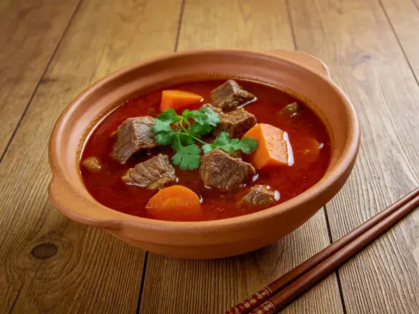 香醇牛肉炖菜在木桌上的呈现