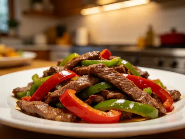 彩椒炒牛肉在餐桌上的呈现