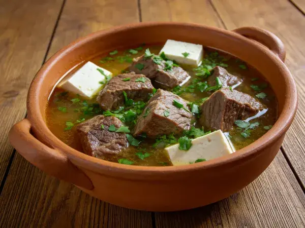 陶罐牛肉炖豆腐在木质桌面呈现