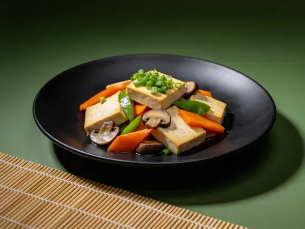 黑色盘子中豆腐杂蔬小炒的呈现