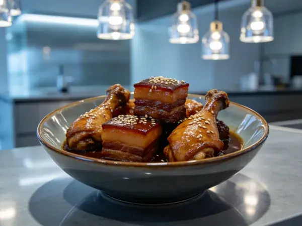 现代厨房中红烧肉鸡块料理展示