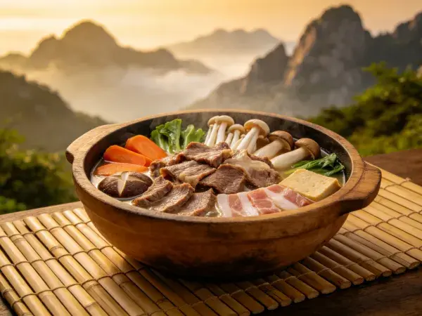 山间风景下的火锅料理呈现