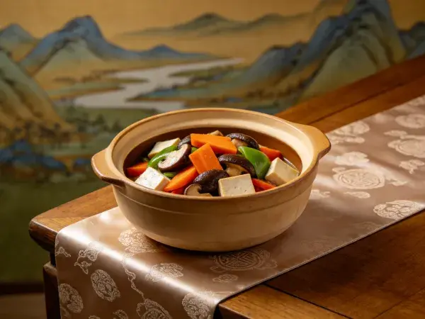 香菇胡萝卜豆腐煲在木桌上的呈现