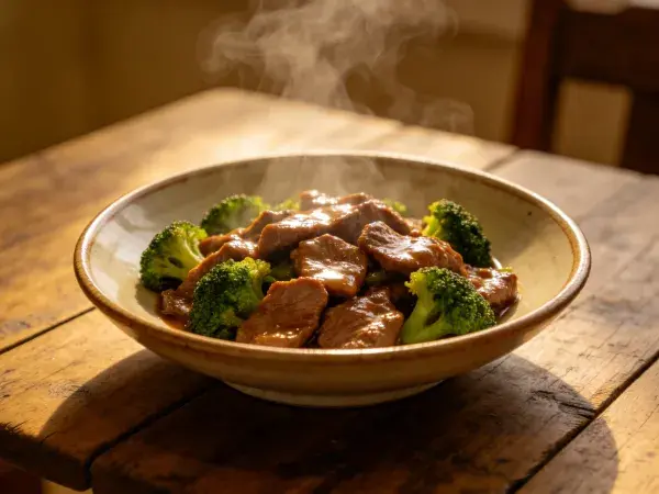 木桌上的牛肉西兰花料理