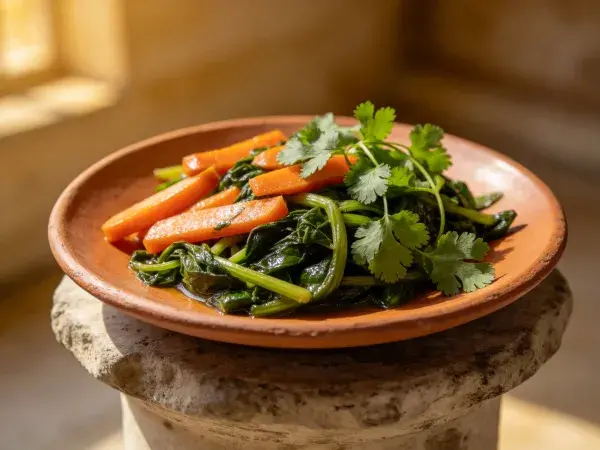 鲜土陶碗盛胡萝卜菠菜小炒
