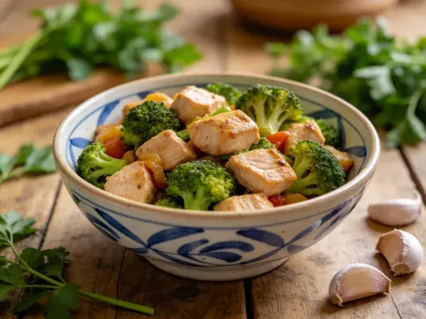 彩椒鸡肉西兰花炒菜盛于木桌上