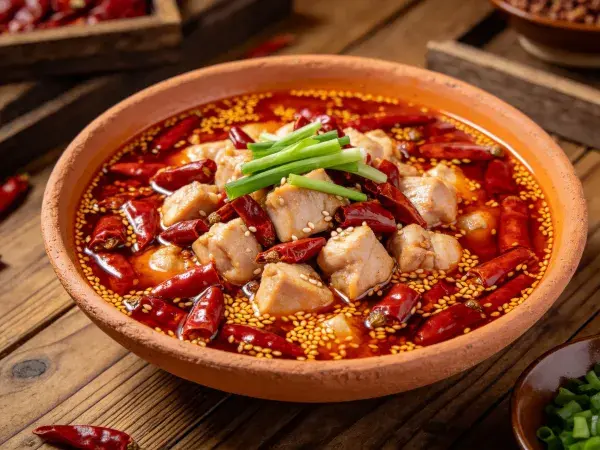 陶碗中麻辣鸡块的呈现