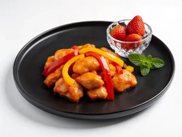 黑色圆盘上的甜酸彩椒鸡摆盘