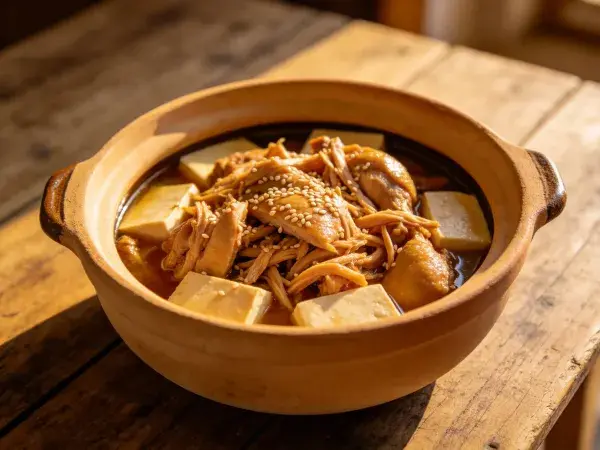 木桌上陶罐盛装的鸡肉豆腐煲