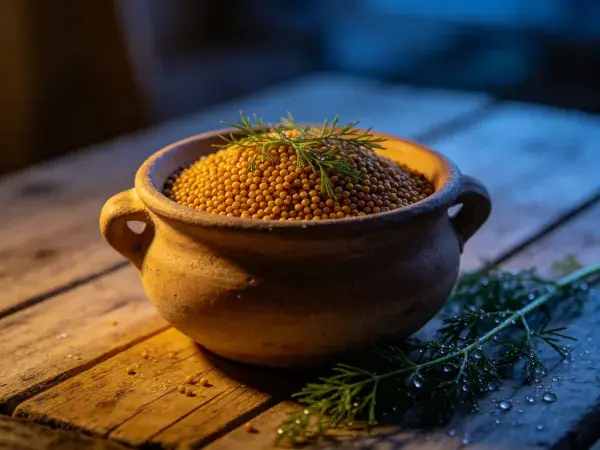 陶罐中芥末籽的暖调呈现