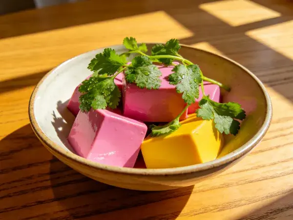 彩色豆腐块在木桌上的呈现