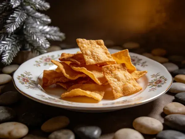 油炸馄饨皮在瓷盘上的呈现