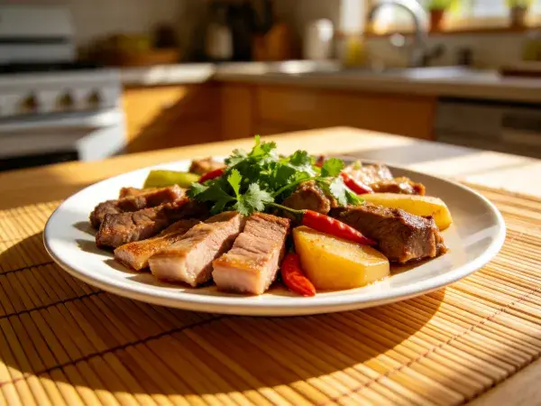 阳光厨房里木桌上的肉类料理