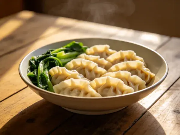 饺子与青菜在木桌碗中的呈现