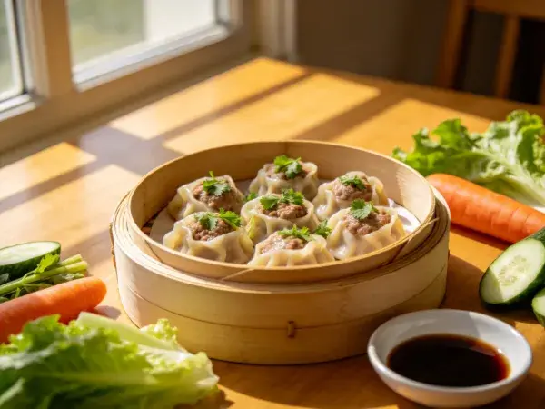 阳光下竹蒸笼的小笼包呈现