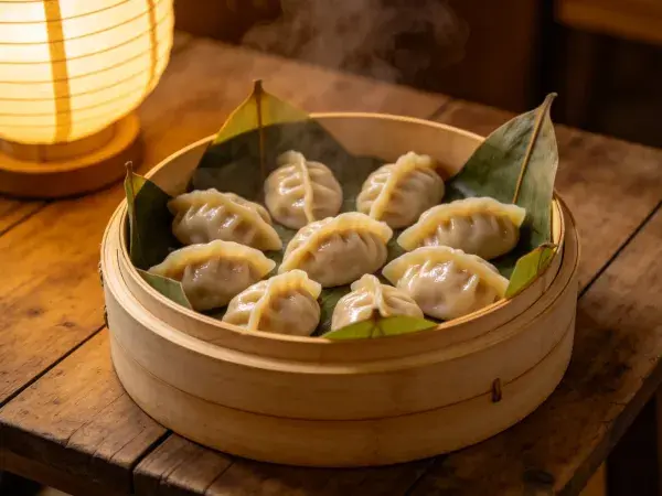 蒸饺在木桌竹笼中的呈现