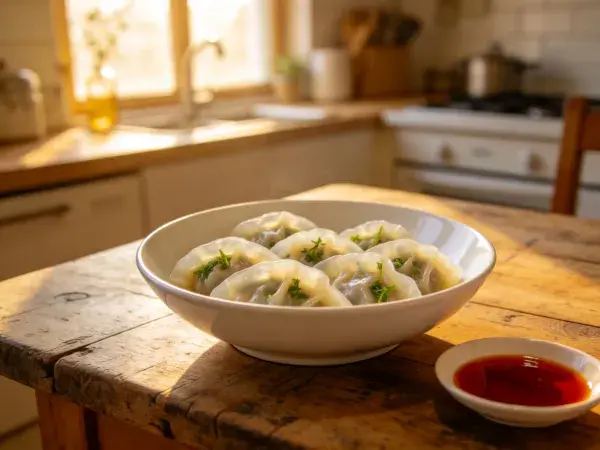 餐厅木桌上饺子与蘸料的呈现