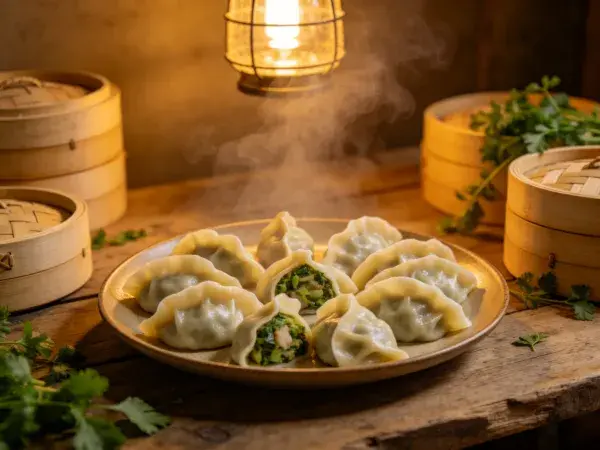 木桌上热气腾腾的饺子呈现